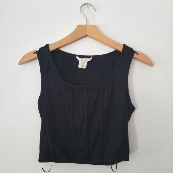 Happily Grey Black Corset Cropped Tank Top M Boning Ribbed - Picture 1 of 6